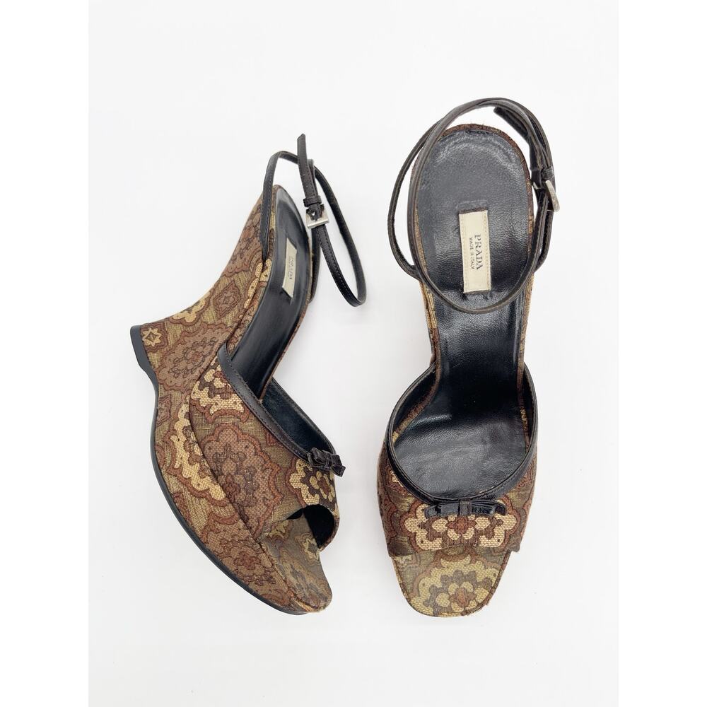 Prada Retro Y2K Brown Bronze Brocade Lurex Bow Sculptural Wedge Sandals IT 38.5